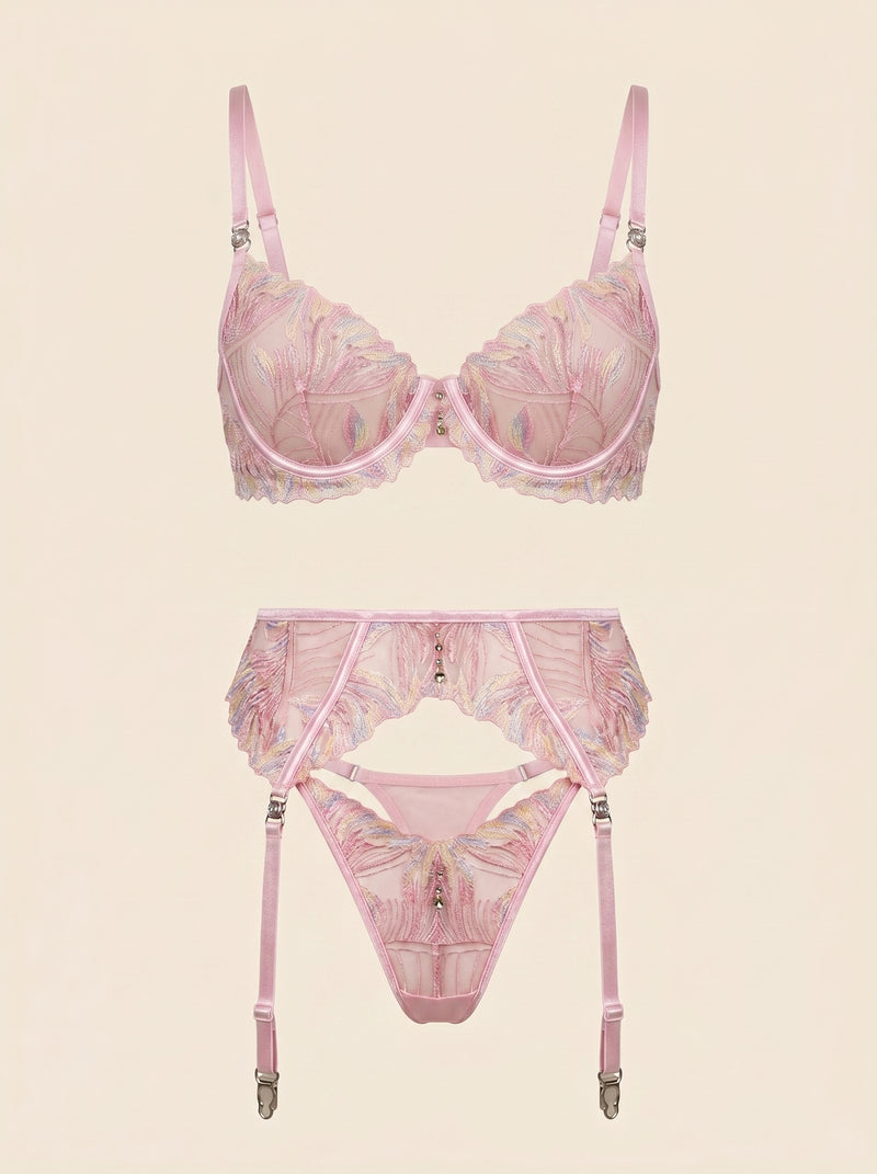 Floral Pink Lace Lingerie Set with Strappy Details