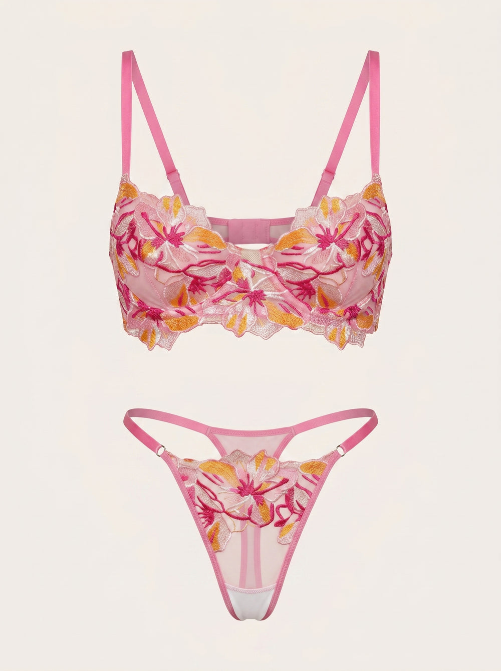 Floral Pink Lace Lingerie Set with Strappy Elegance