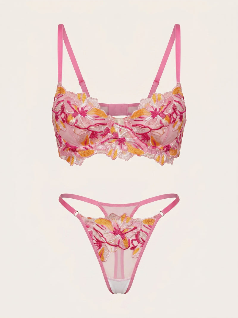 Floral Pink Lace Lingerie Set with Strappy Elegance