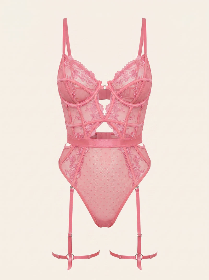 Floral Pink Mesh Bodysuit with Strappy Cutouts