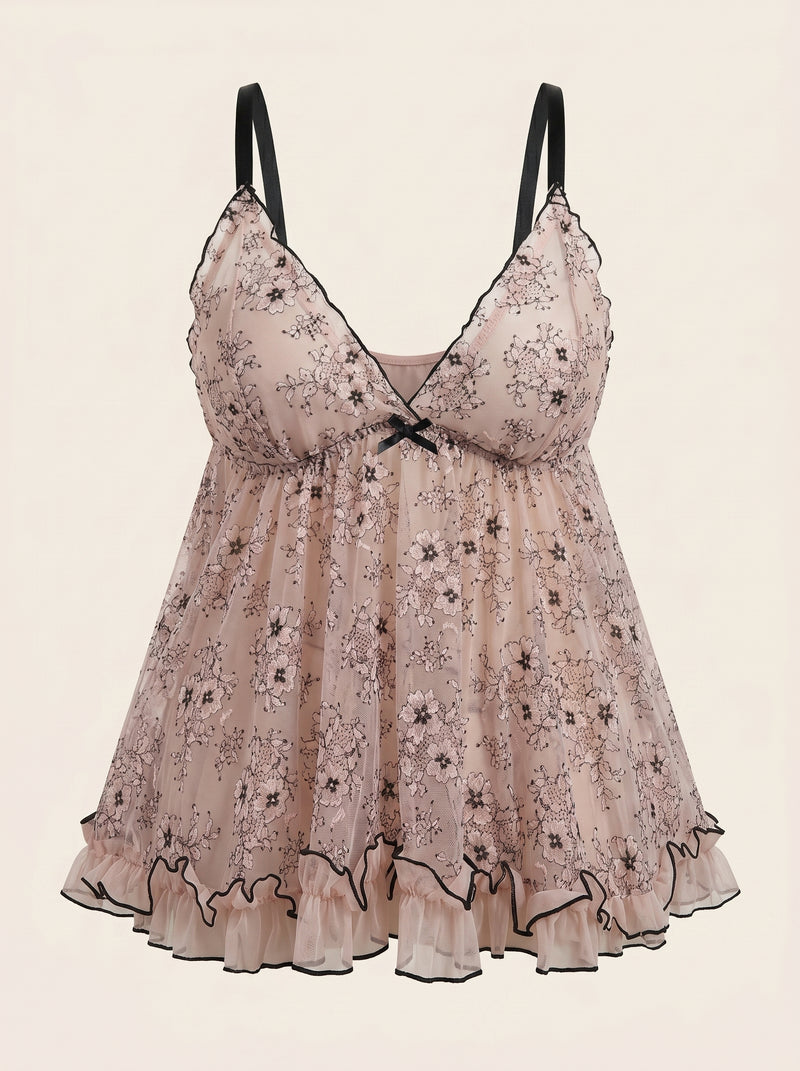 Set camicia da notte rosa floreale in rete con fiocco e volant