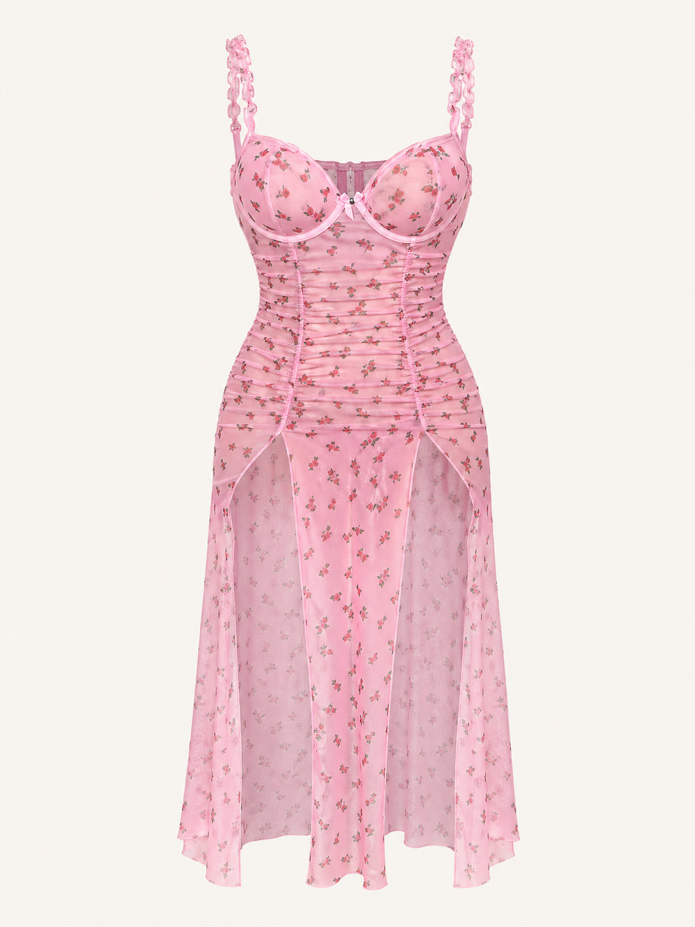 Roze gebloemde mesh-jarreteljurk met gerimpeld splitdetail