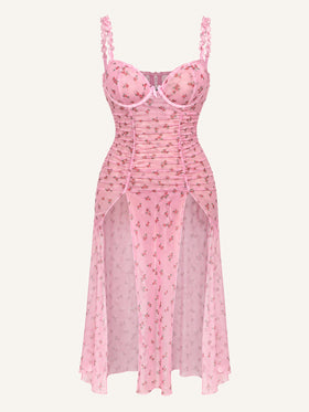 Floral Pink Mesh Suspender Dress with Ruched Slit Detail-Nightgown-Bellascena-Pink-XL-bellascena