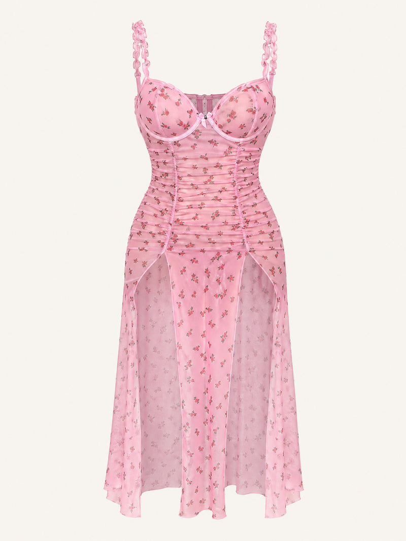 Floral Pink Mesh Suspender Dress with Ruched Slit Detail