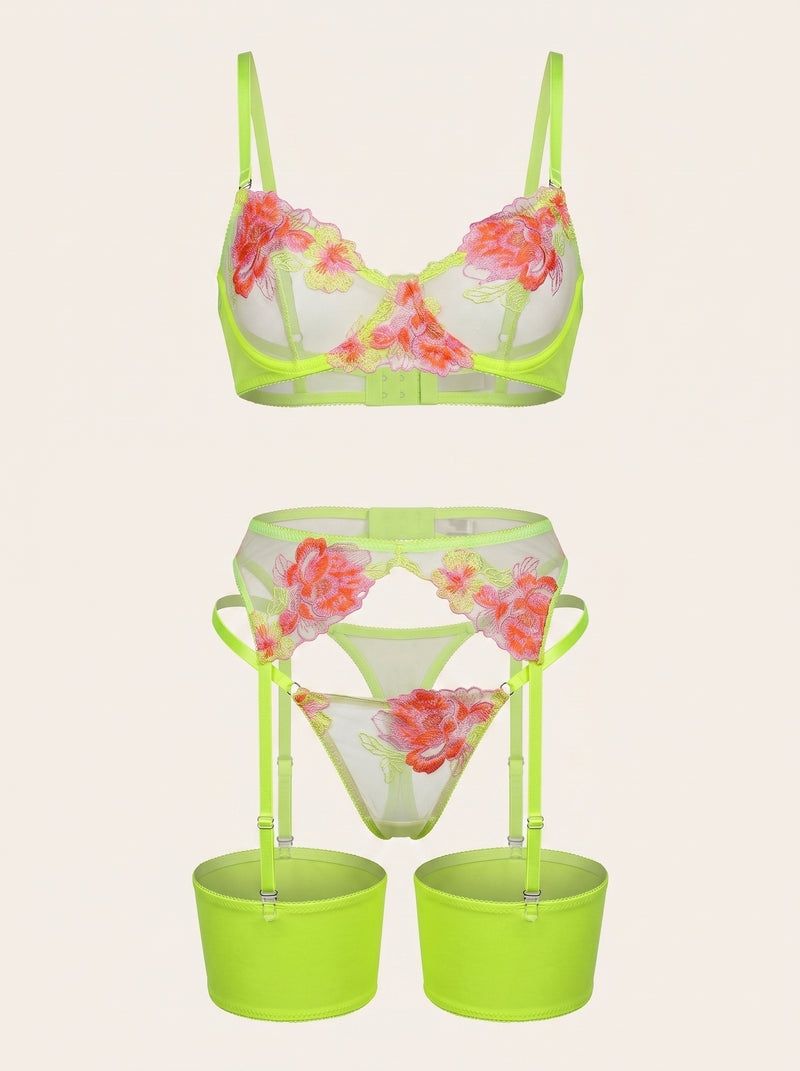 Floral Pink & Neon Yellow Mesh Lingerie Set with Embroidery