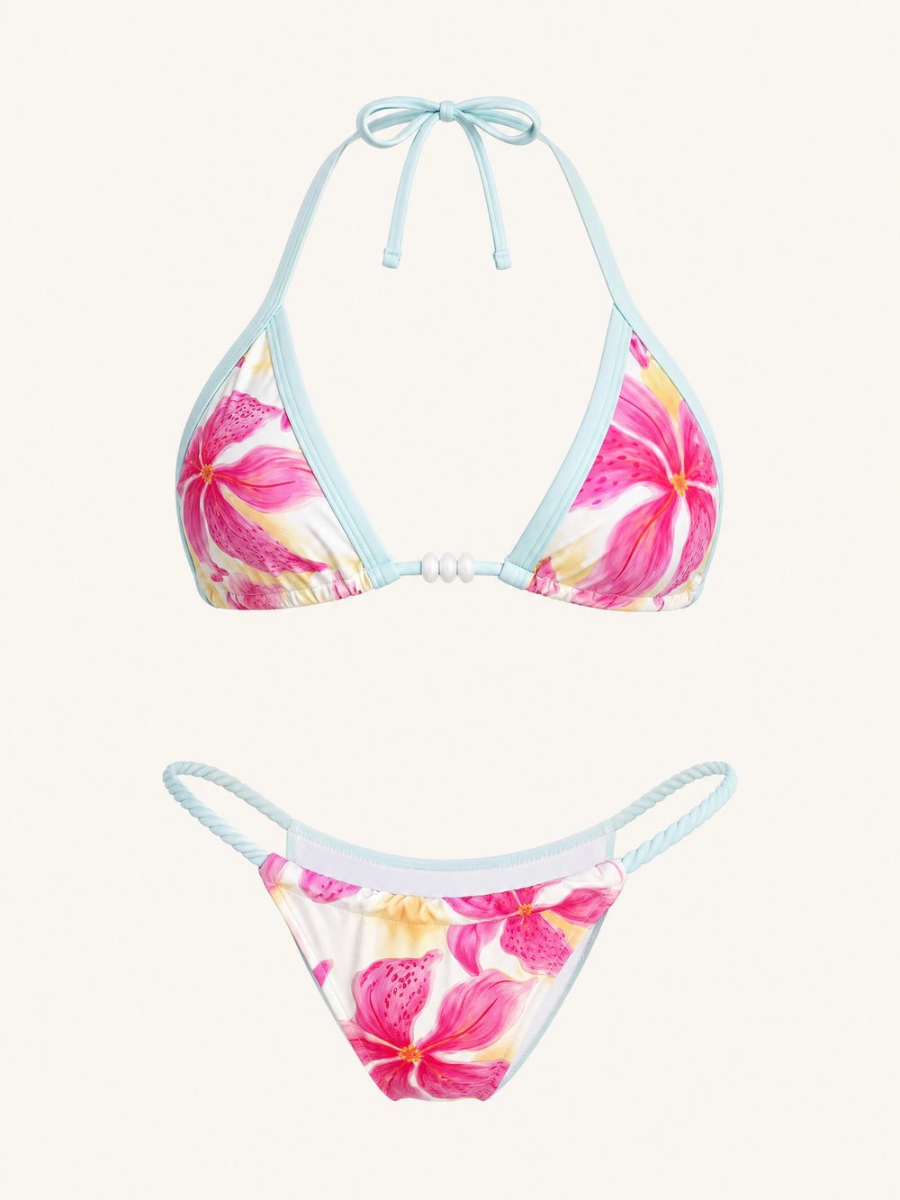 Set bikini in nylon rosa floreale con dettagli con perline