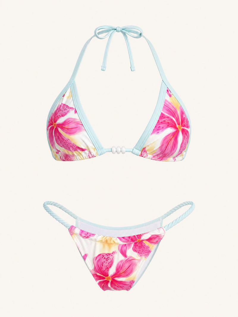 Ensemble bikini en nylon rose fleuri avec détail en perles
