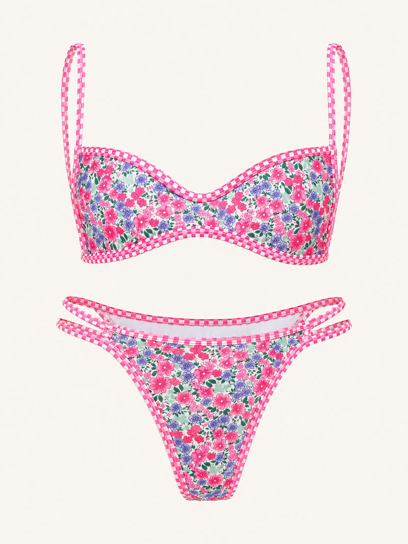 Ensemble de maillots de bain en nylon rose fleuri avec design à bretelles