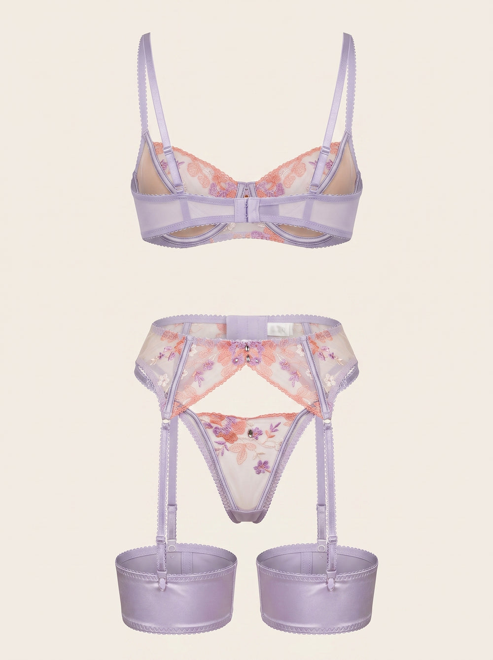 Mesh-Dessous-Set in Rosa & Violett mit Blumenstickerei und Riemchen-Details