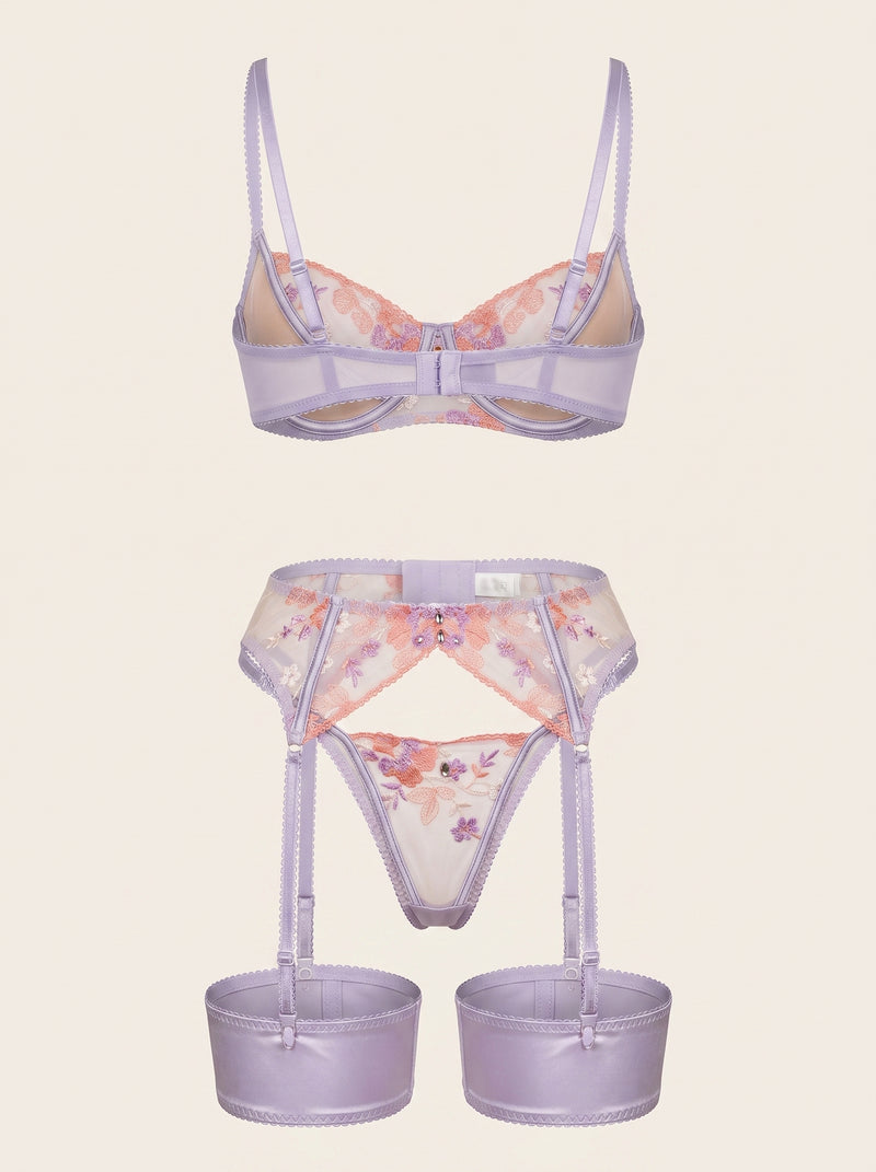 Set di lingerie in rete ricamata rosa e viola floreale con dettagli a strisce