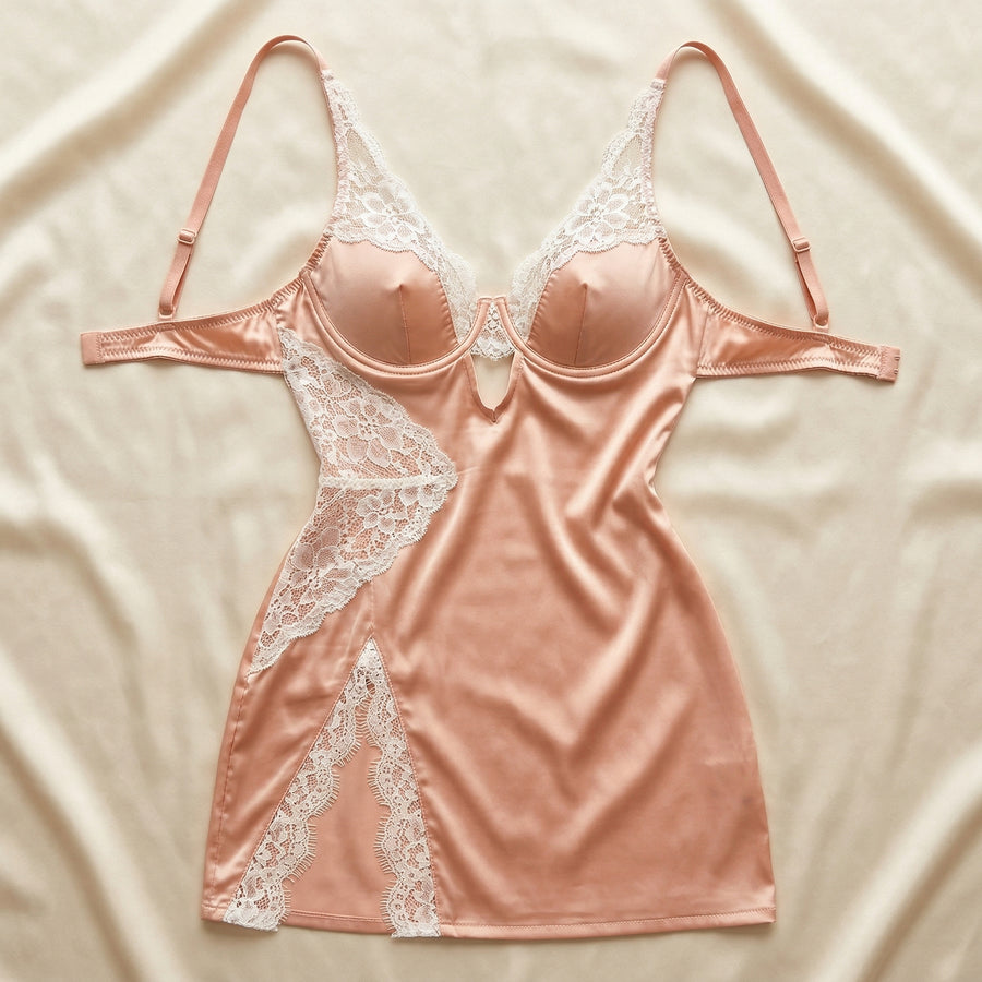 Floral Pink Satin Nightgown with Lace Panel-Nightgown-Bellascena-bellascena