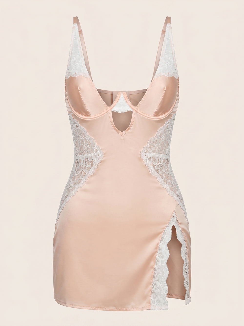 Floral Pink Satin Nightgown with Lace Panel