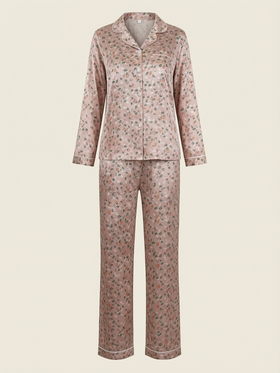 Floral Pink Satin Pajama Set with Button-Up Detail-Pajama Set-Bellascena-Pink-S-bellascena