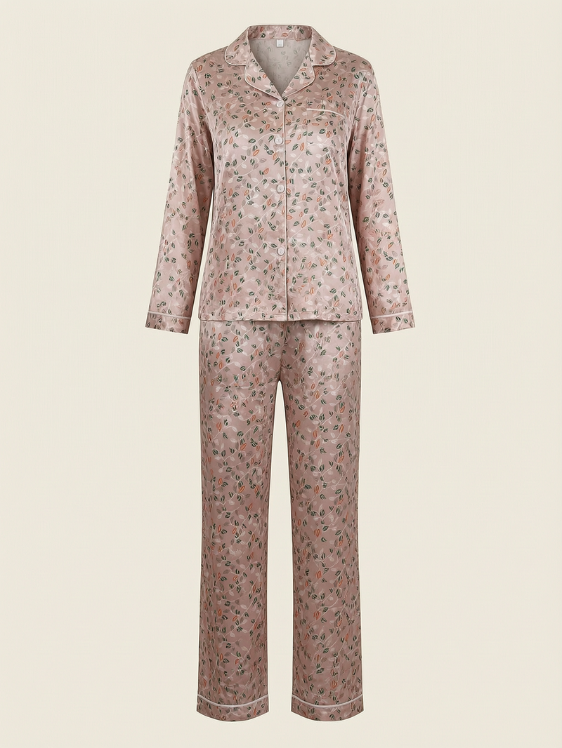 Ensemble de pyjama en satin rose à motif floral avec fermeture boutonnée