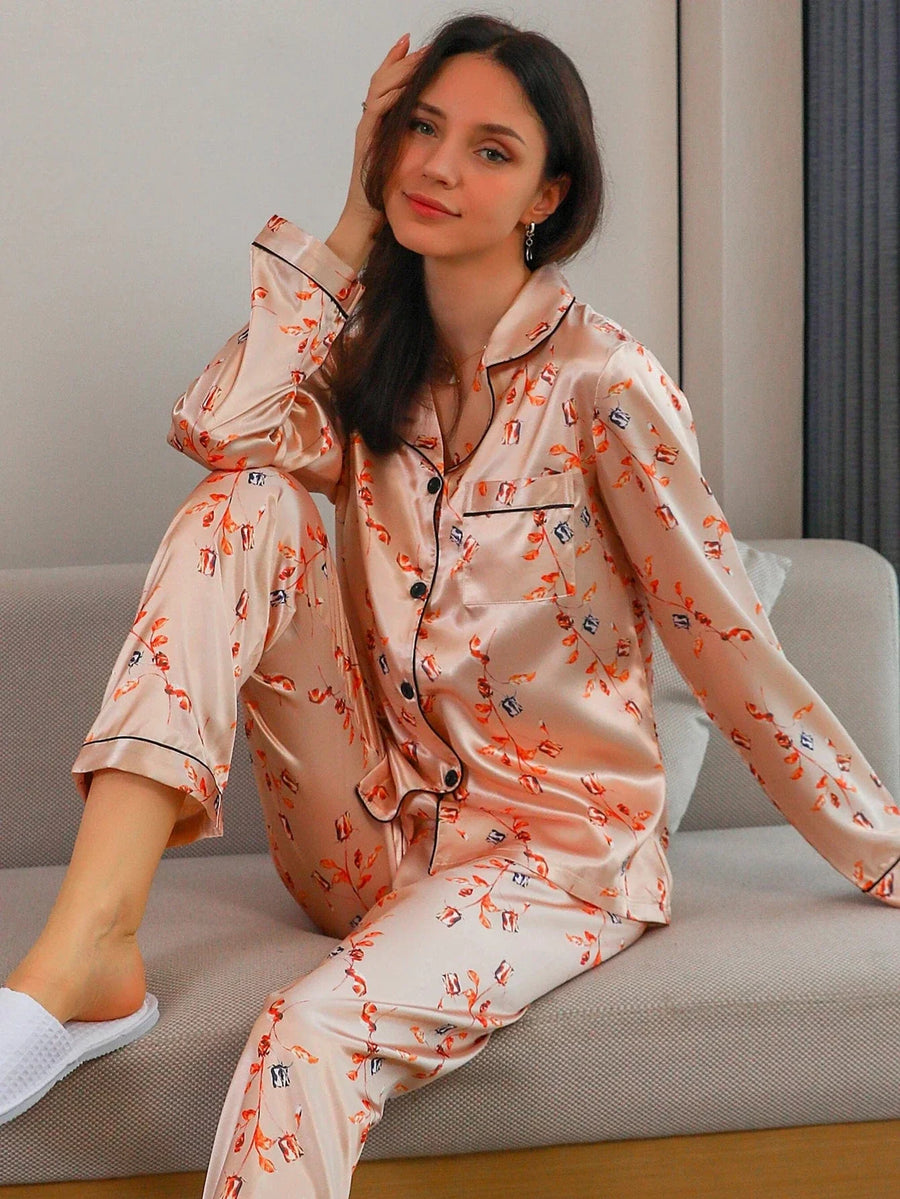 Floral Pink Satin Pajama Set with Collar & Piping-Pajama Set-Bellascena-bellascena