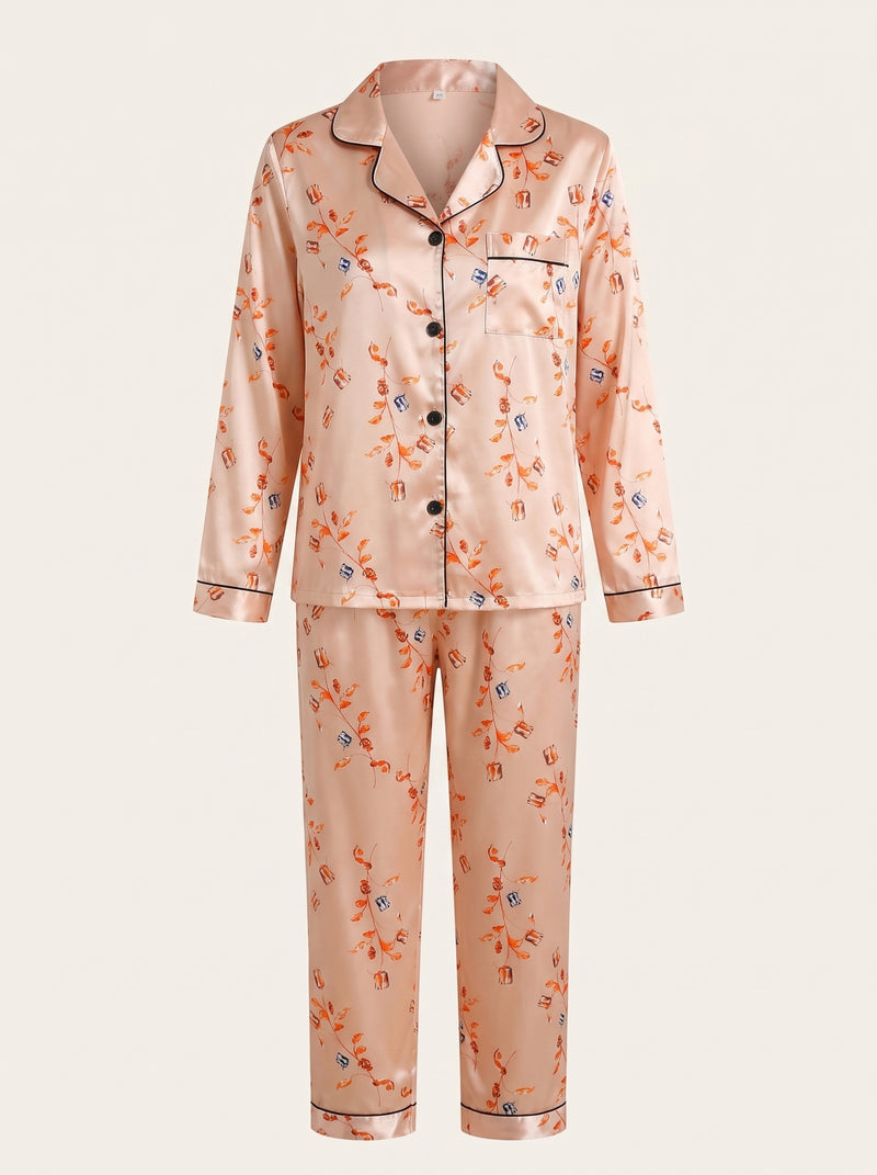 Ensemble de pyjama en satin rose à motif floral avec col et passepoil