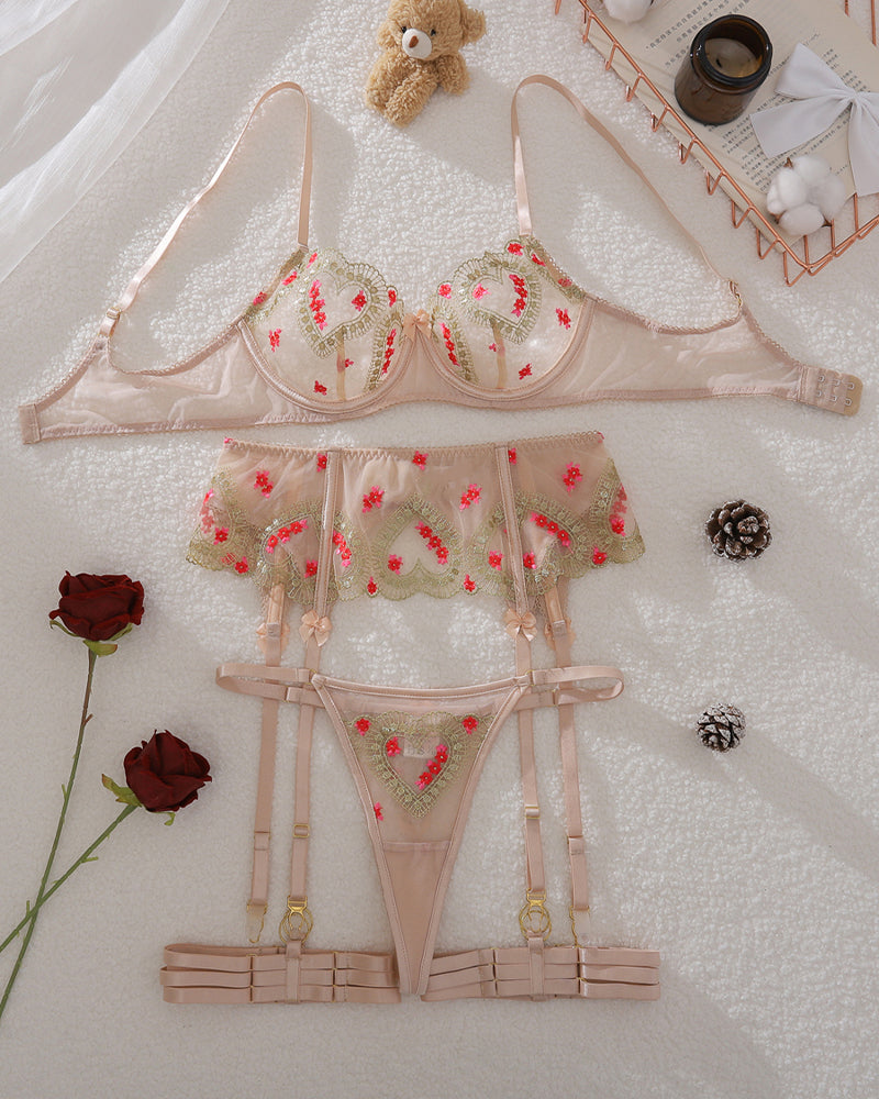 Floral Pink and Gold Embroidered Mesh Lingerie Set with Garter Straps-Lingerie Set-Bellascena-bellascena