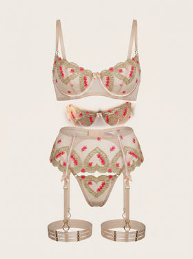 Floral Pink and Gold Embroidered Mesh Lingerie Set with Garter Straps-Lingerie Set-Bellascena-bellascena