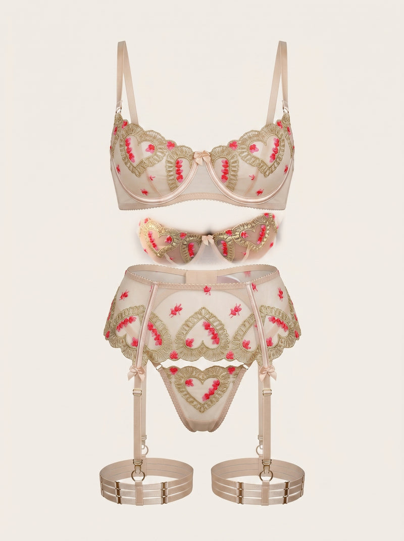 Floral Pink and Gold Embroidered Mesh Lingerie Set with Garter Straps