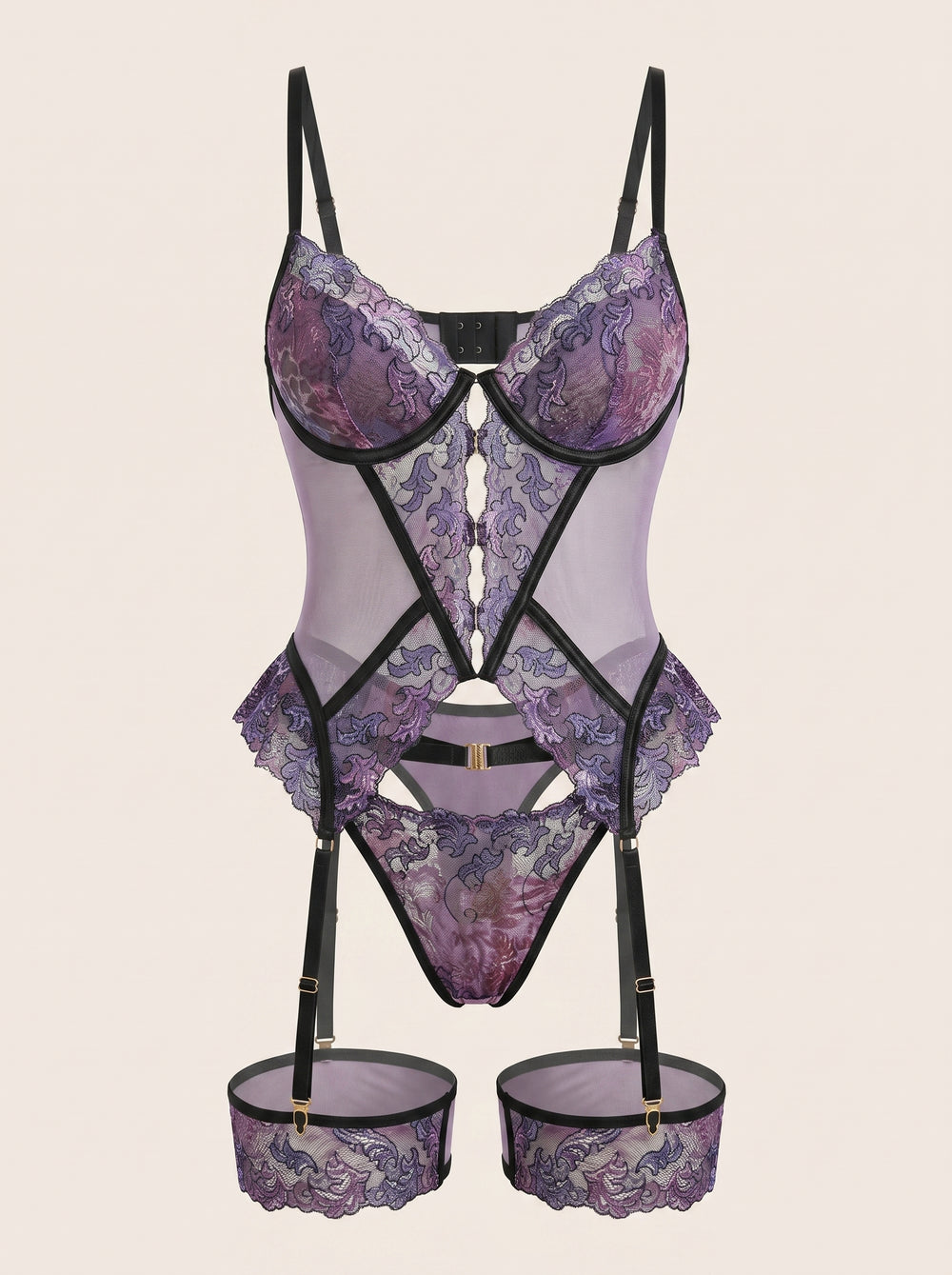 Ensemble de lingerie en mesh violet floral brodé avec corset, porte-jarretelles et bas rel="nofollow">