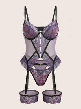 Floral Purple Embroidered Mesh Corset with Scalloped Edges-Corset-Bellascena-Purple-S-bellascena