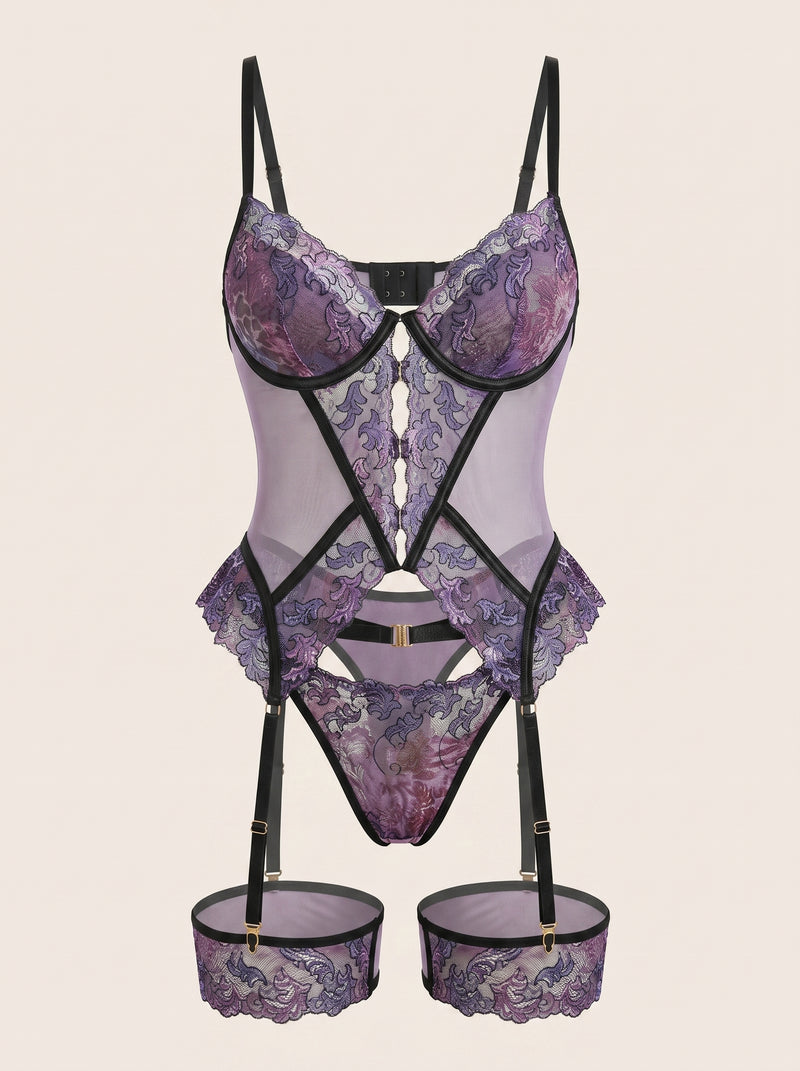 Floral Purple Embroidered Mesh Corset with Scalloped Edges