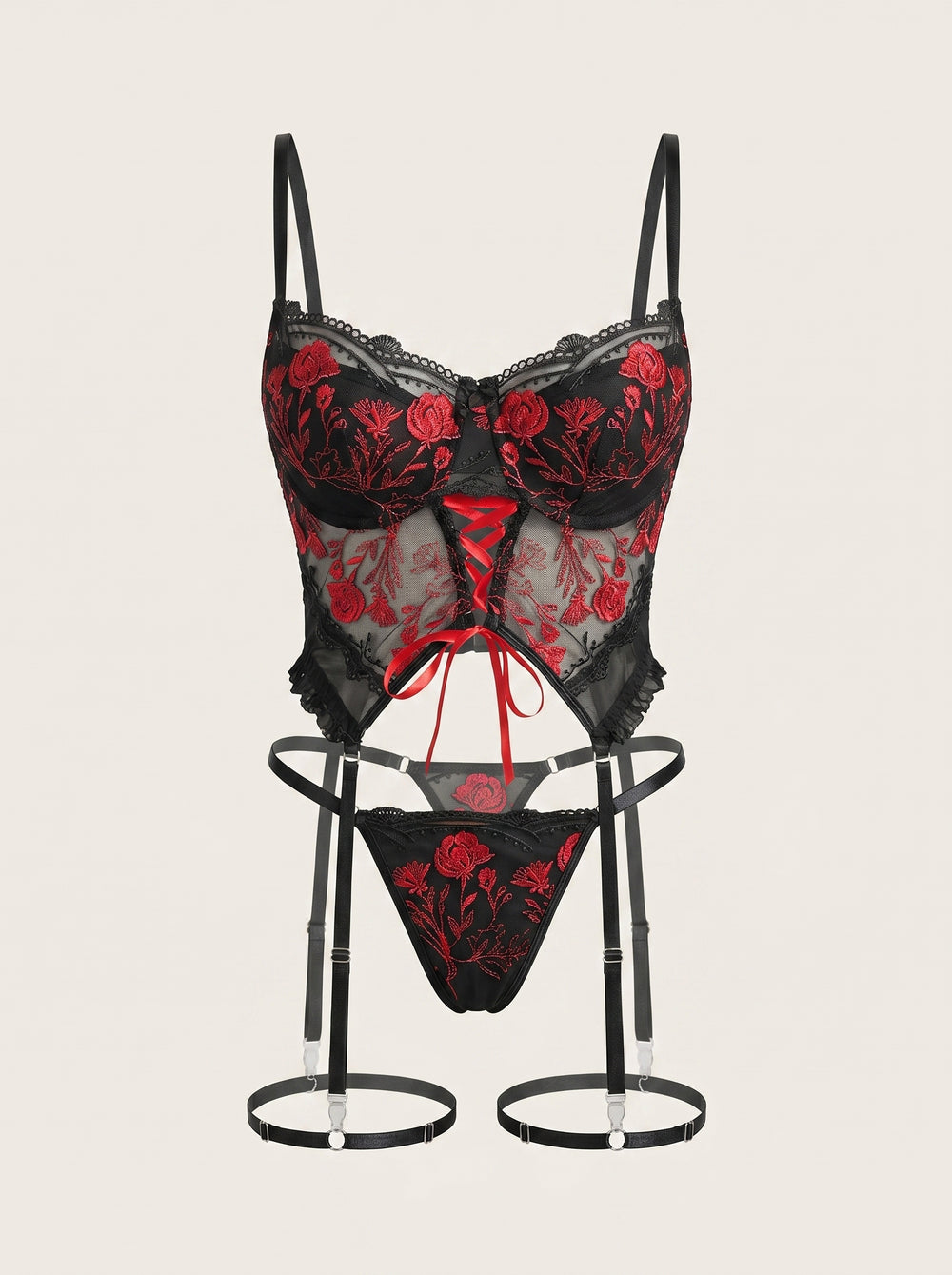 Floral Red Embroidered Mesh Lingerie Set with Strappy Design