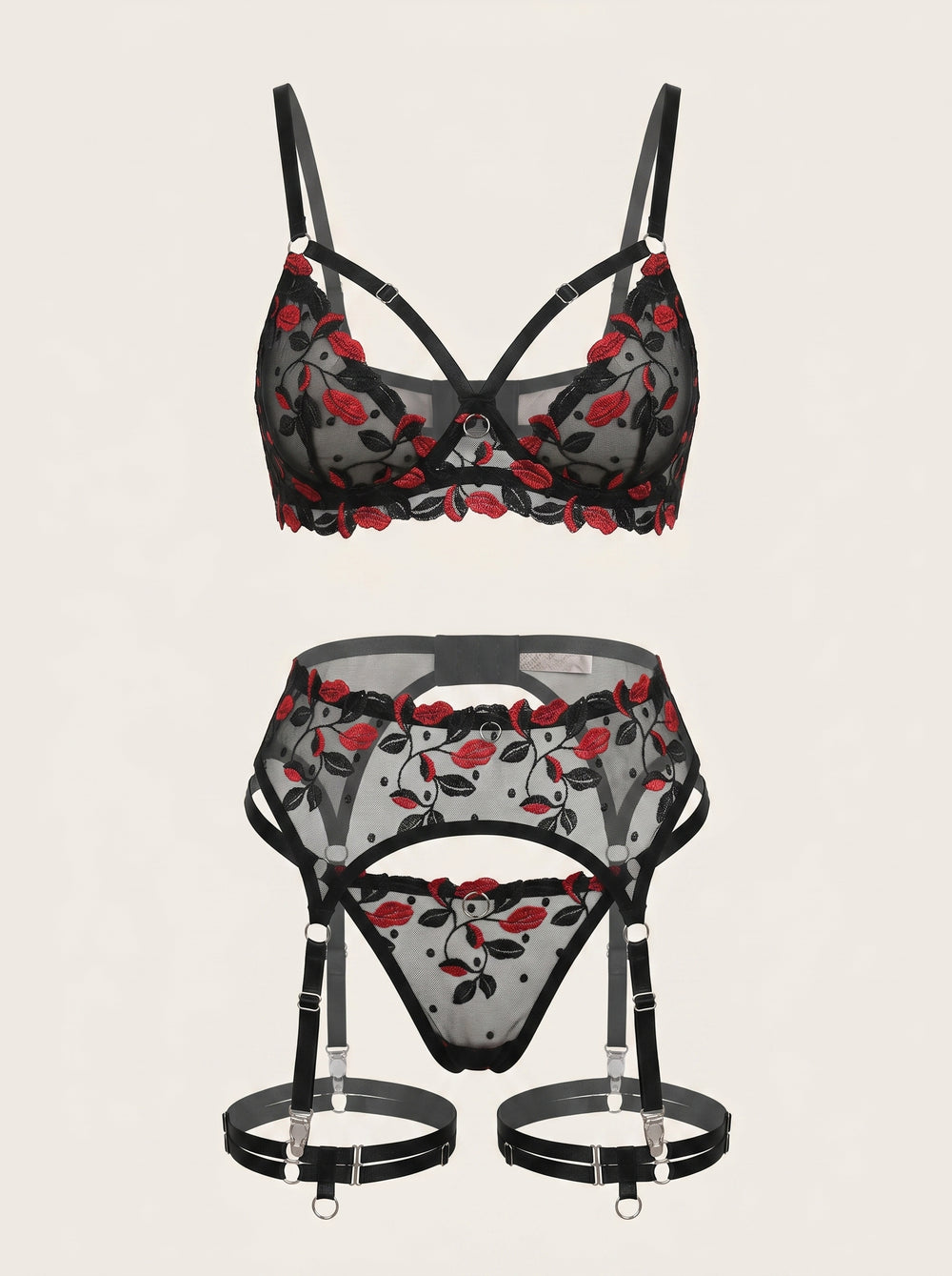 Floral Red Embroidered Mesh Lingerie Set with Strappy Detail