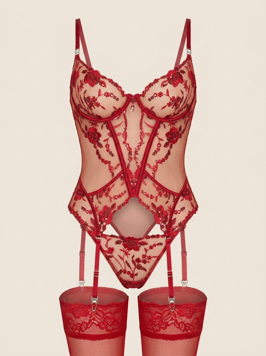Floral Red Embroidered Mesh Bodysuit with Strappy Details