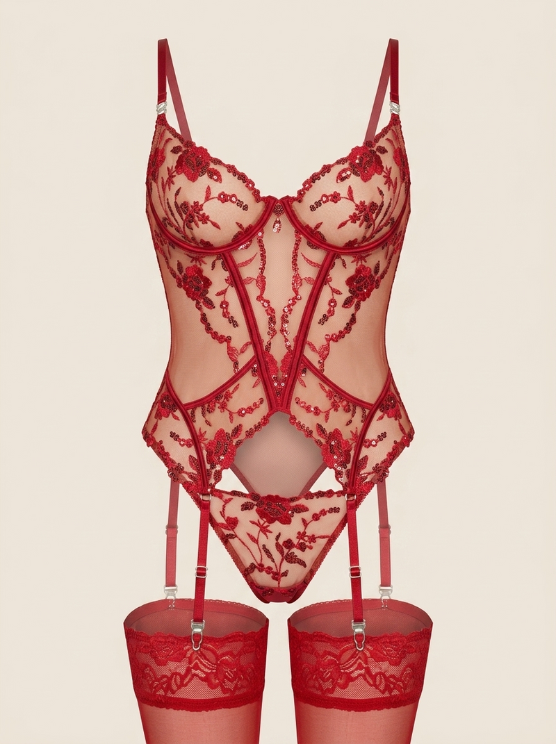 Completo lingerie in rete ricamata con fiori rossi e dettagli con spalline