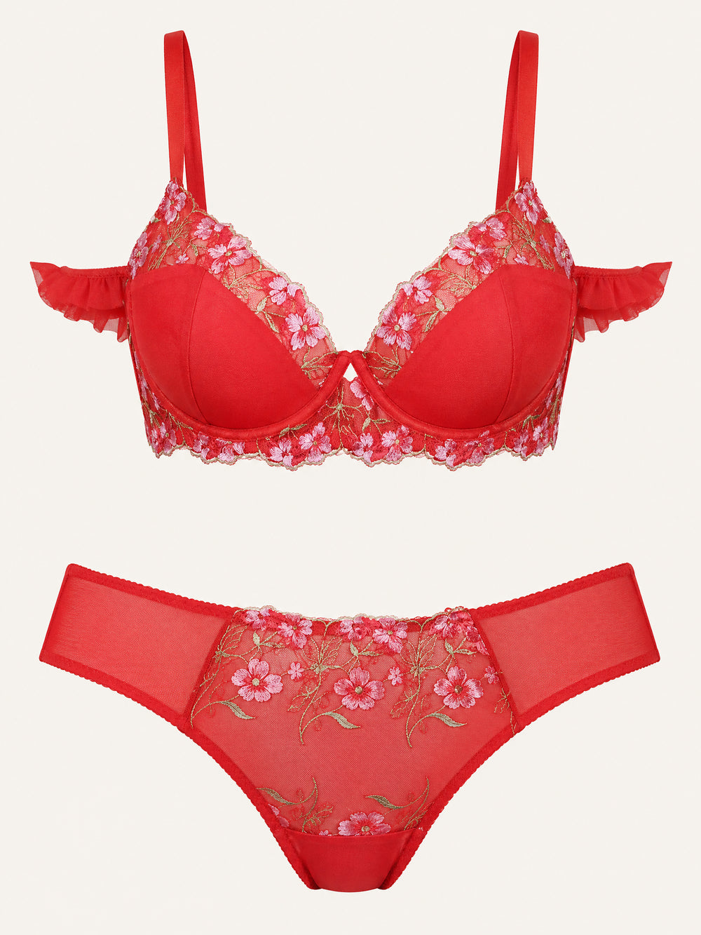 Set di lingerie in tulle rosso ricamato a fiori con ferretto