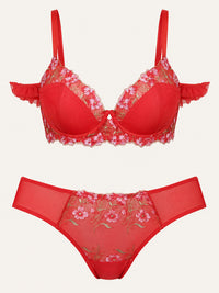 Floral Red Embroidered Mesh Lingerie Set with Underwire