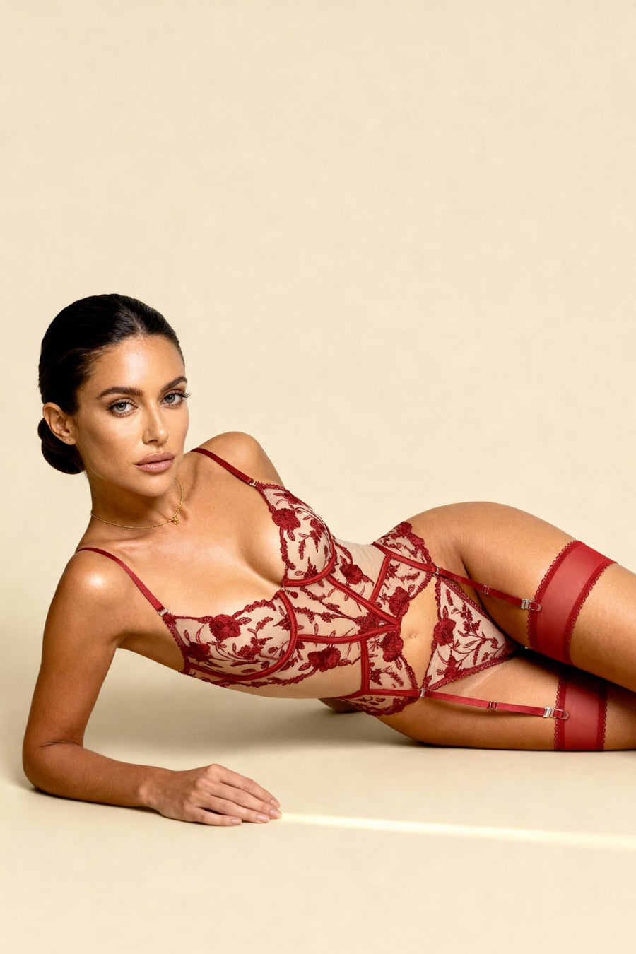 Floral Red Mesh Bustier with Floral Embroidery-Lingerie Set-Bellascena-bellascena