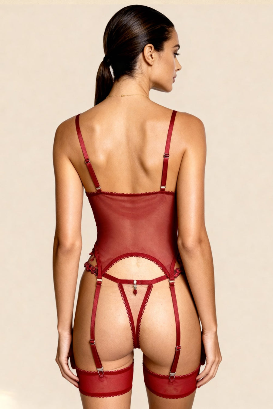 Floral Red Mesh Bustier with Floral Embroidery-Lingerie Set-Bellascena-bellascena