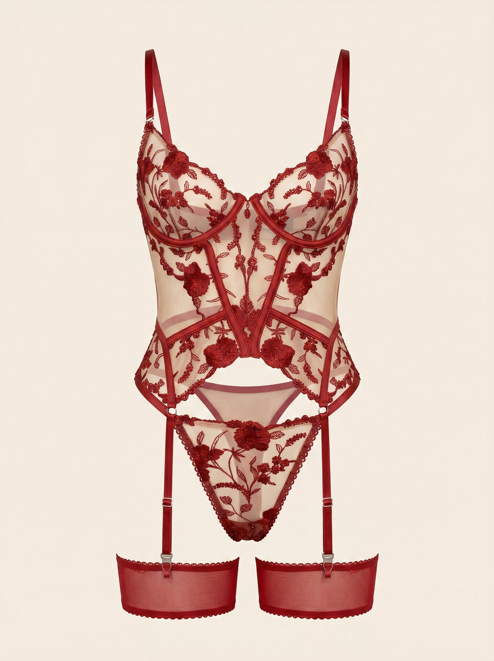 Ensemble de lingerie en résille rouge à motifs floraux avec bustier, porte-jarretelles et broderies