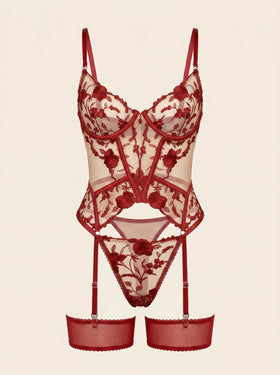 Floral Red Mesh Bustier with Floral Embroidery-Lingerie Set-Bellascena-S-Red-bellascena