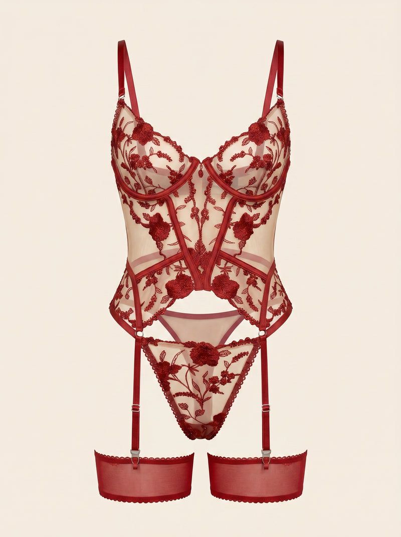 Bustier rosso floreale in rete con ricami floreali