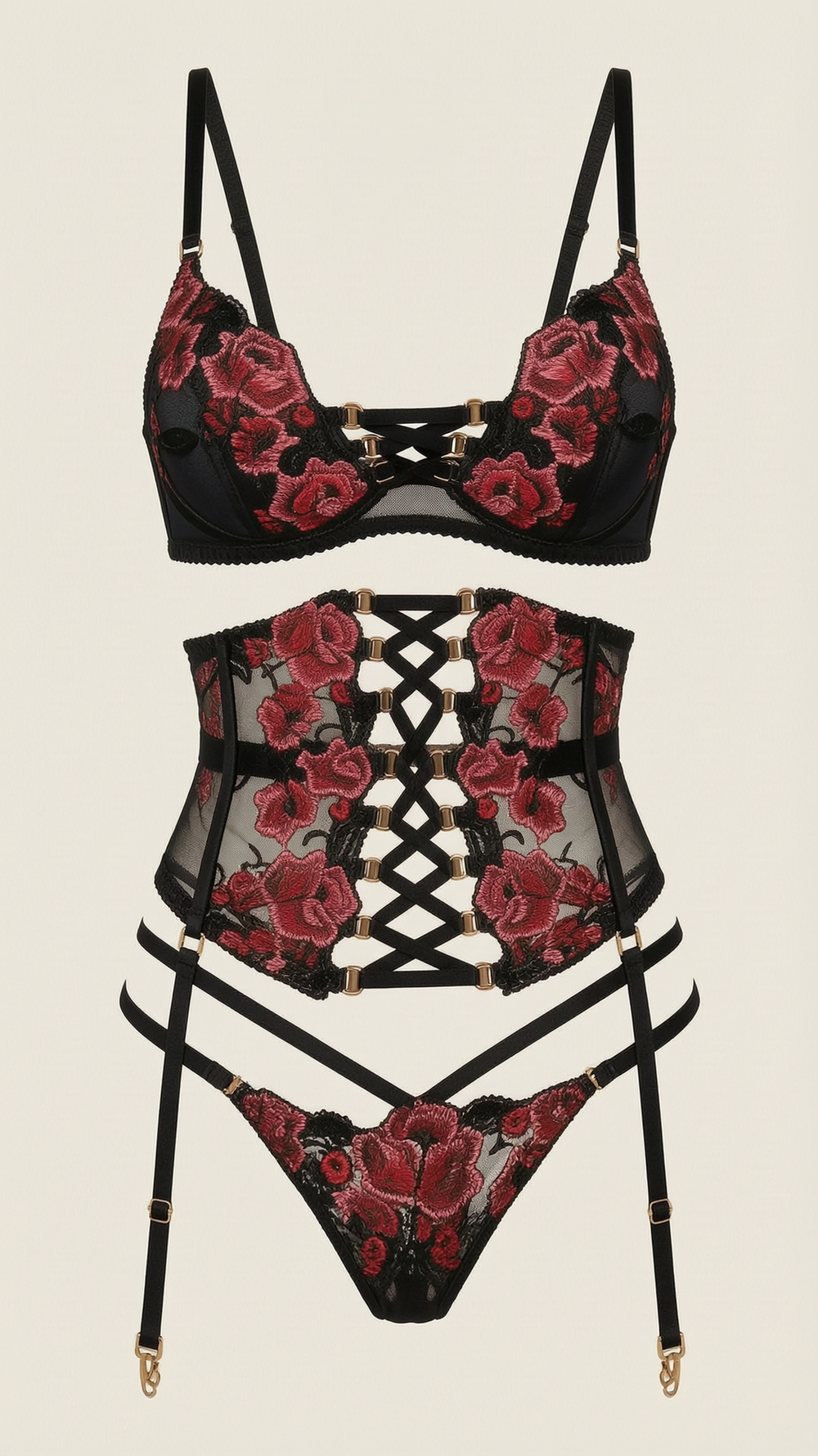 Floral Red Mesh Lingerie Set with Strappy Details