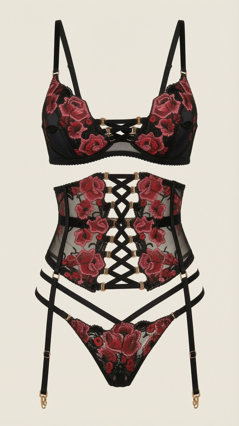 Set di lingerie in tulle rosso floreale con dettagli con strappy