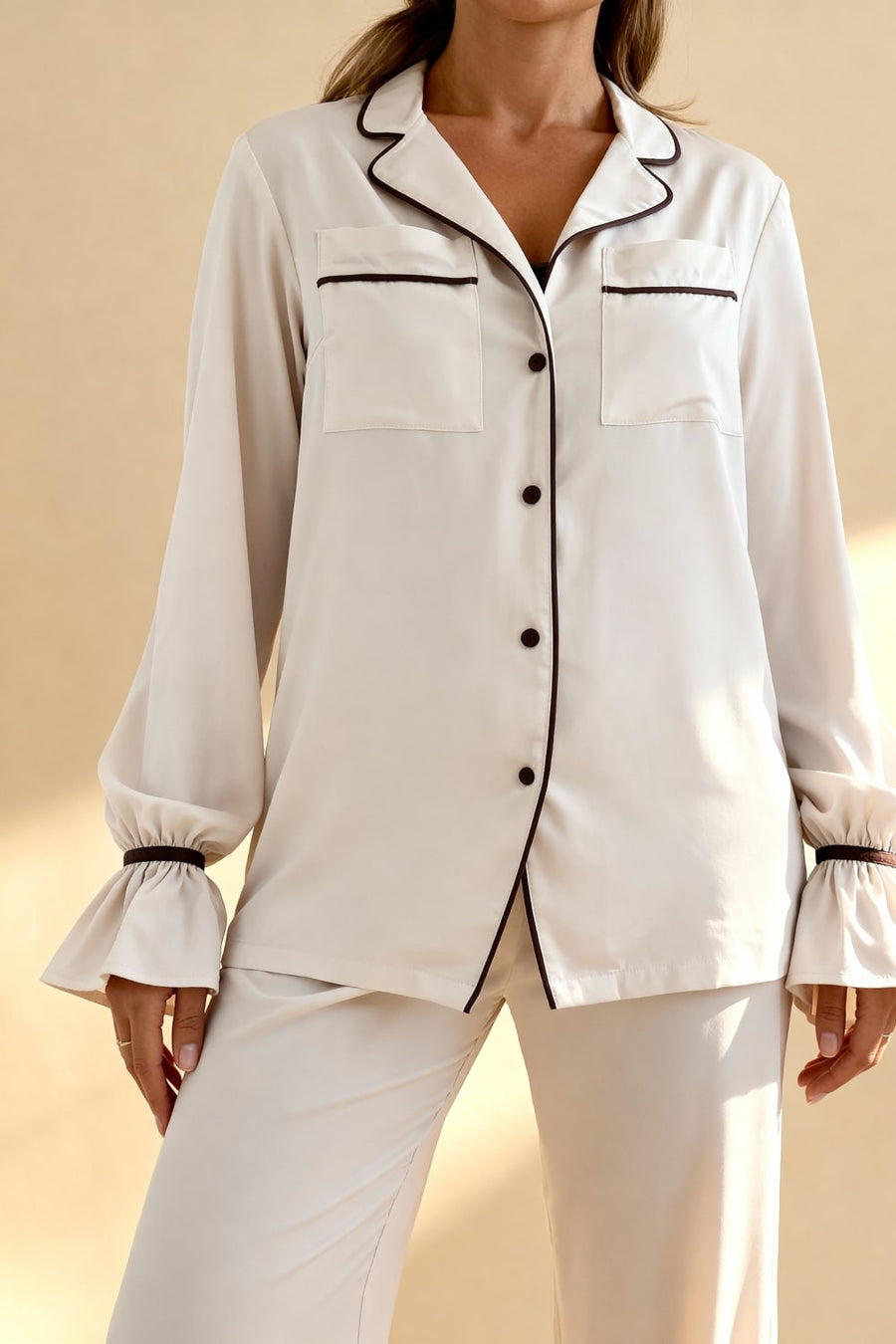 Floral Satin Pajama Set with Ruffle Cuffs-Pajama Set-Bellascena-bellascena
