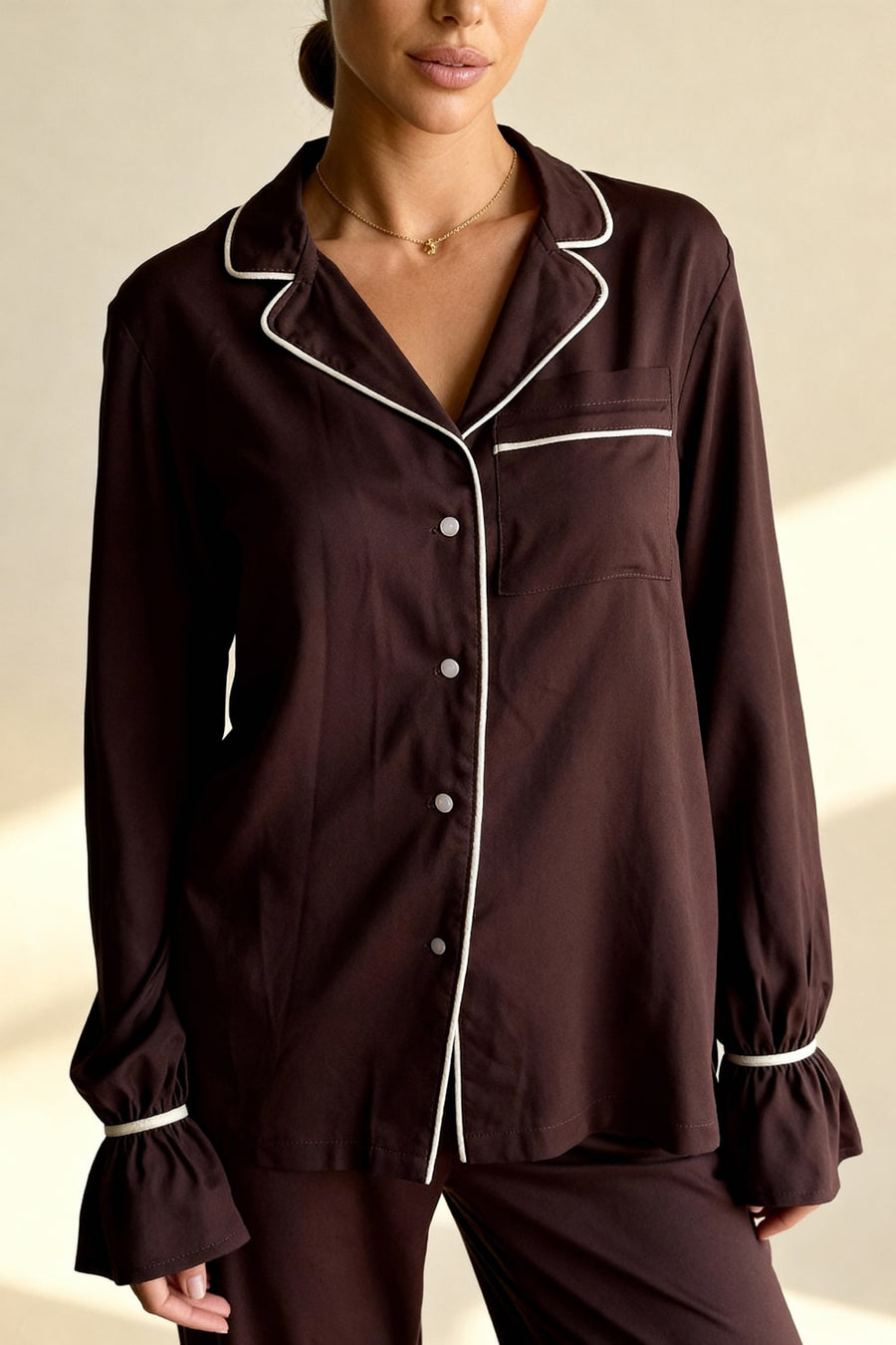 Floral Satin Pajama Set with Ruffle Cuffs-Pajama Set-Bellascena-bellascena
