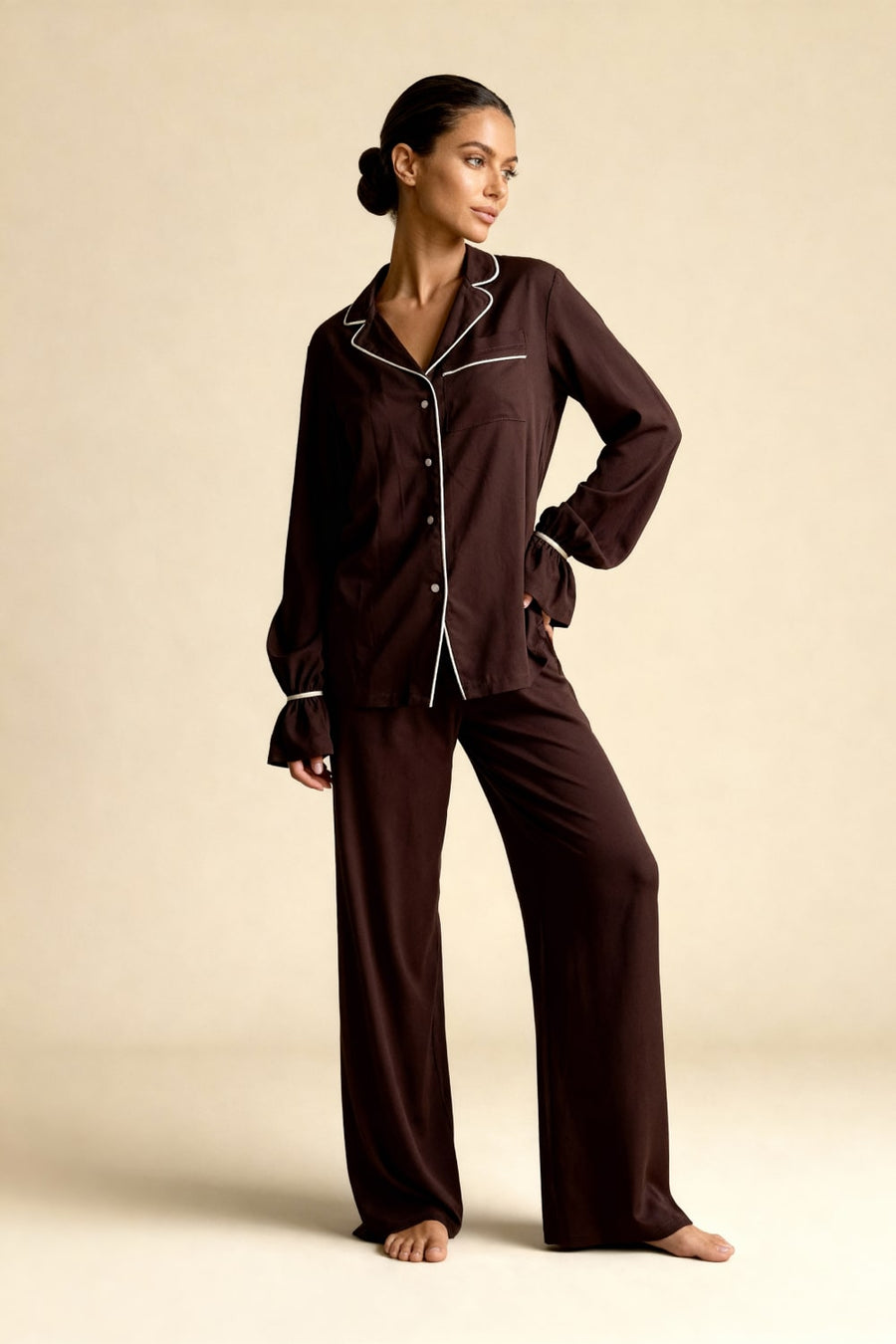 Floral Satin Pajama Set with Ruffle Cuffs-Pajama Set-Bellascena-Brown-S-bellascena