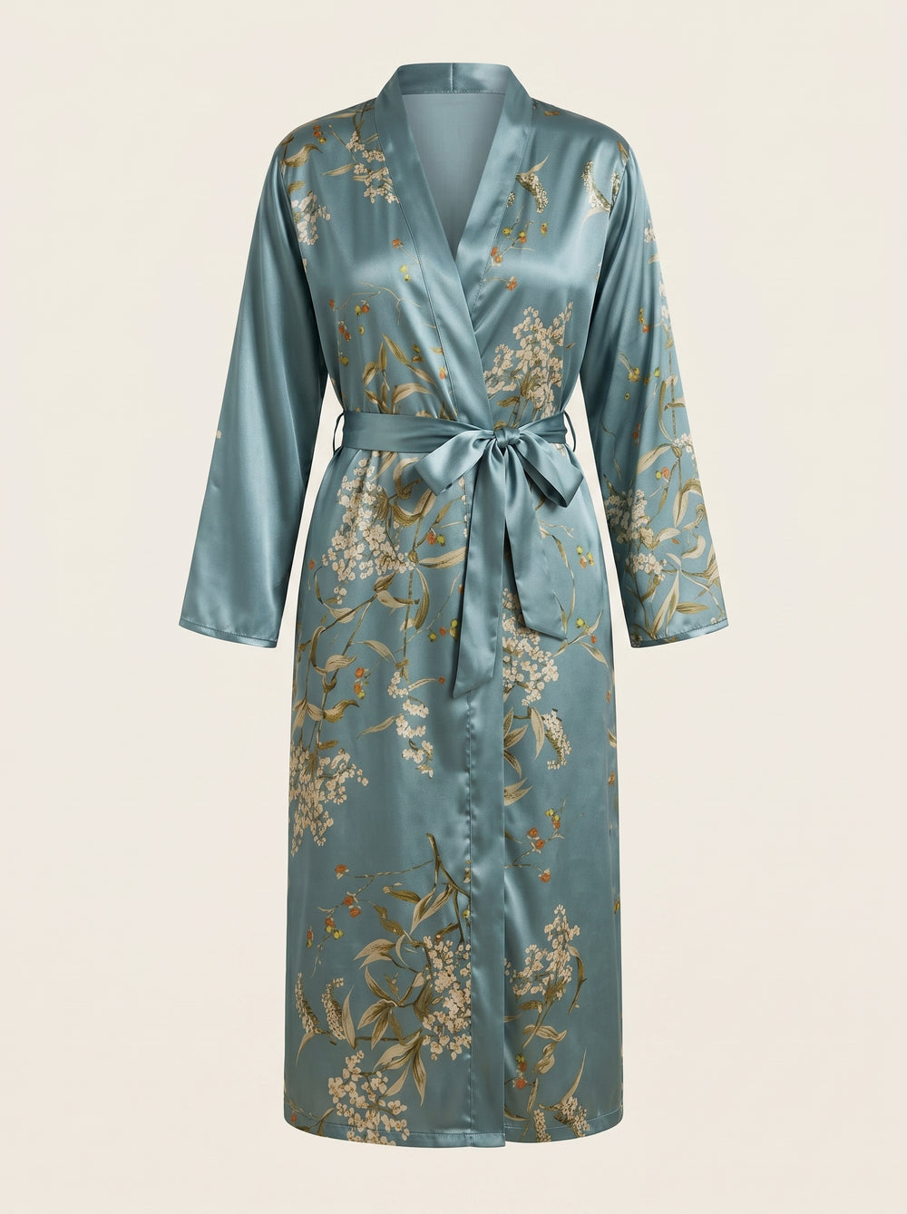 Robe kimono turquoise en satin à imprimé floral avec lien à la taille