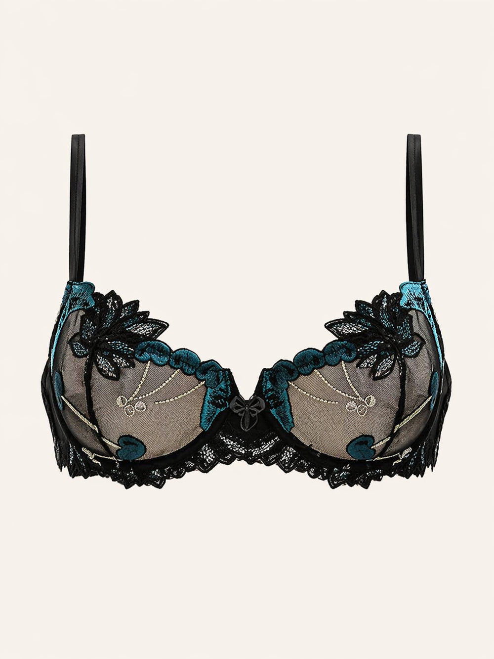 Reggiseno in tulle color ottanio e nero con motivo floreale e bordi smerlati