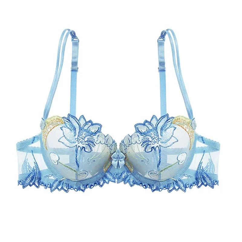Floral Teal and Black Mesh Bra with Scalloped Edges-Bra-Bellascena-Blue-70B-bellascena
