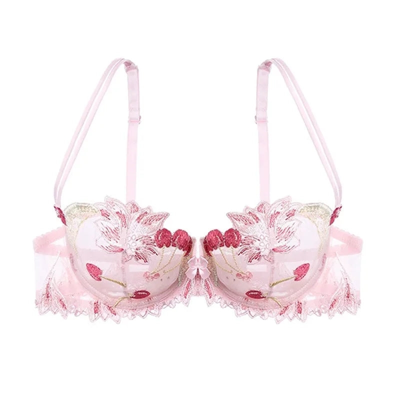 Floral Teal and Black Mesh Bra with Scalloped Edges-Bra-Bellascena-Pink-70B-bellascena