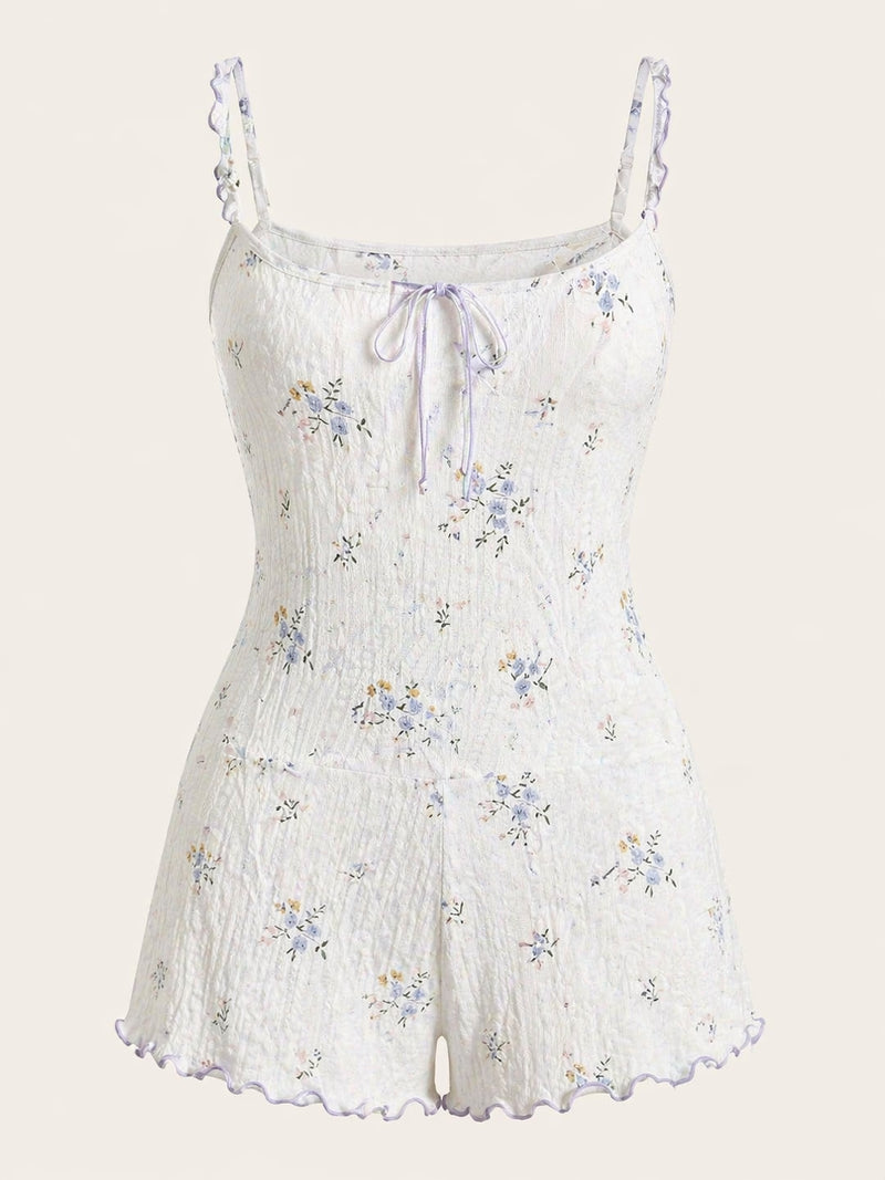 Floral White Cotton Bodysuit with Ruffle Detail
