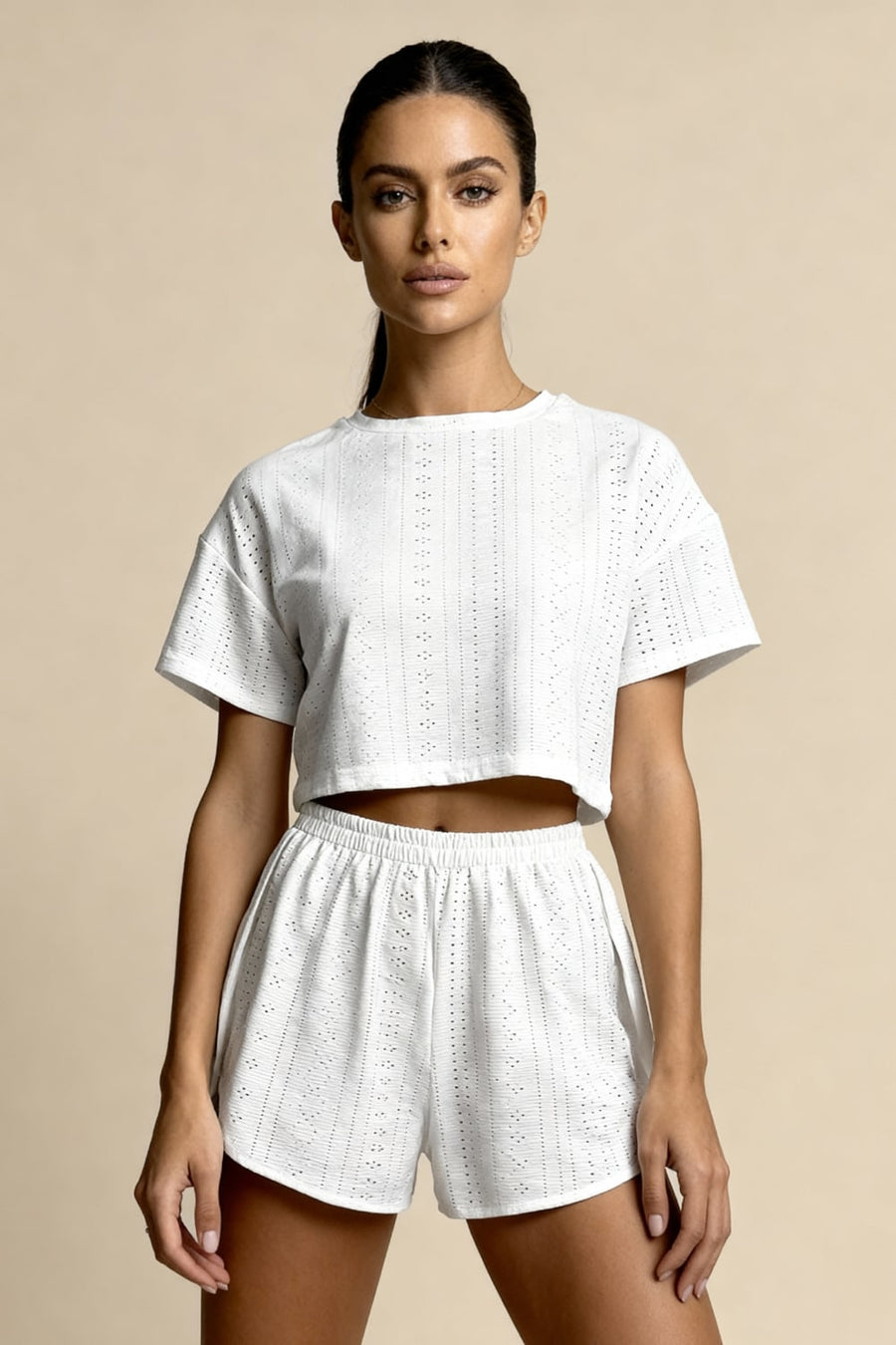 Floral White Cotton Pajama Set with Cropped Top-Pajama Set-Bellascena-bellascena