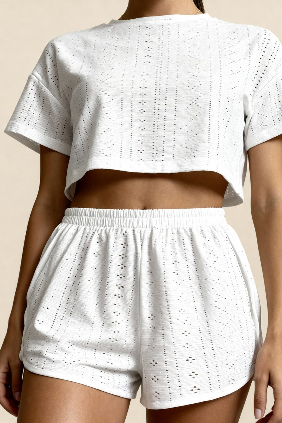 Floral White Cotton Pajama Set with Cropped Top-Pajama Set-Bellascena-bellascena
