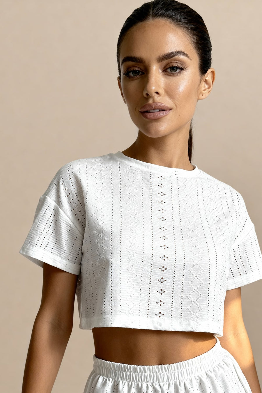 Floral White Cotton Pajama Set with Cropped Top-Pajama Set-Bellascena-bellascena